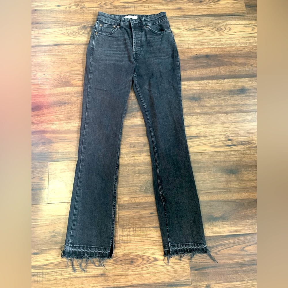 Free people jean. Straight slight flair frayed bottom. Button fly.